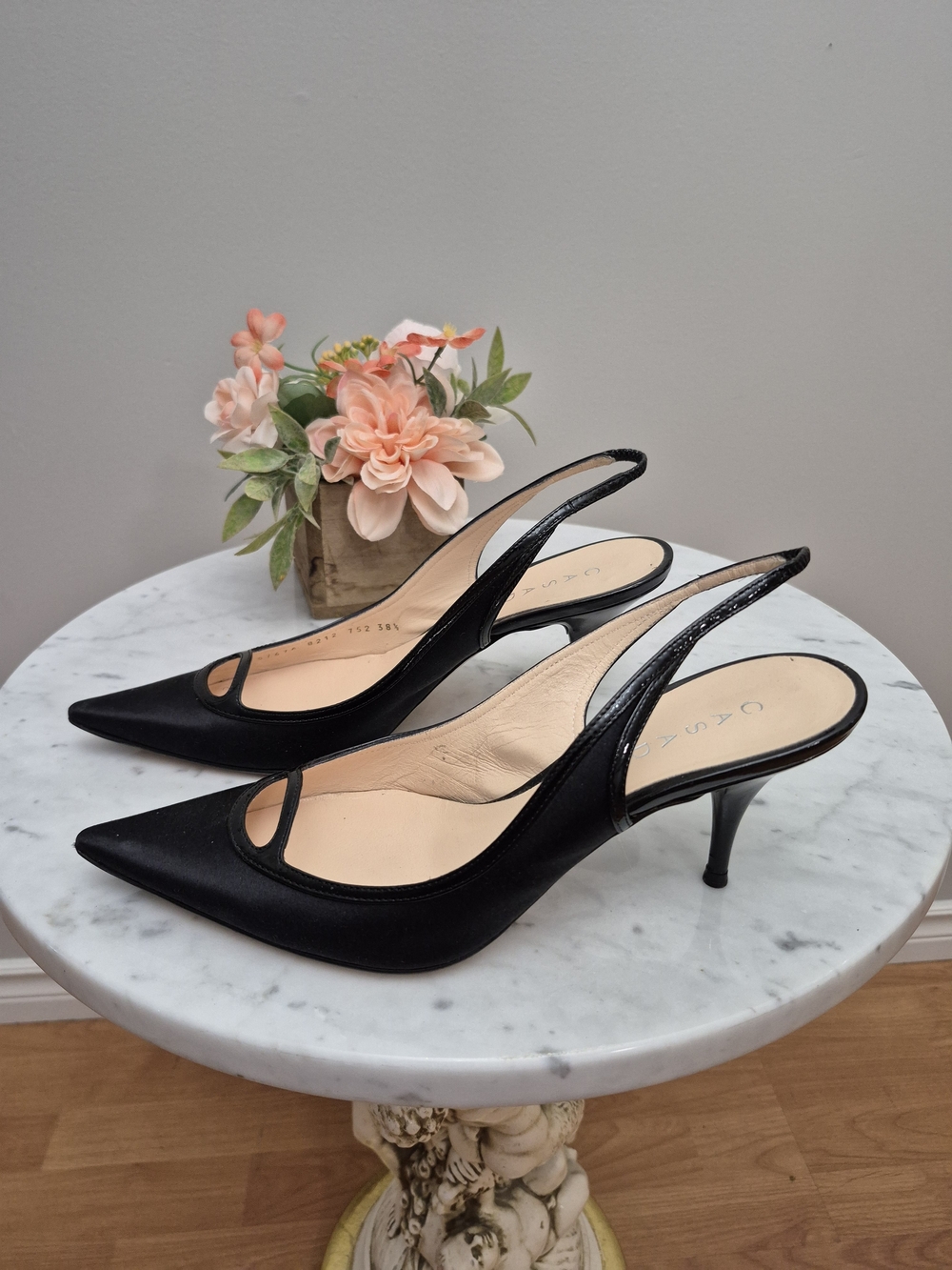 Casadei Black Satin Slingback Pointed Toe Heels